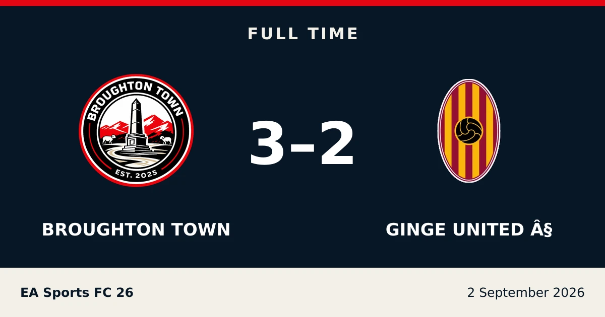 Full-time result: Broughton Town 3, GINGE UNITED Â§ 2