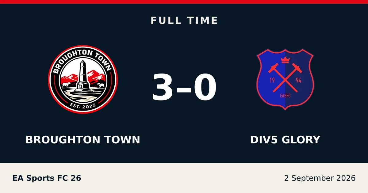 Full-time result: Broughton Town 3, div5 glory 0