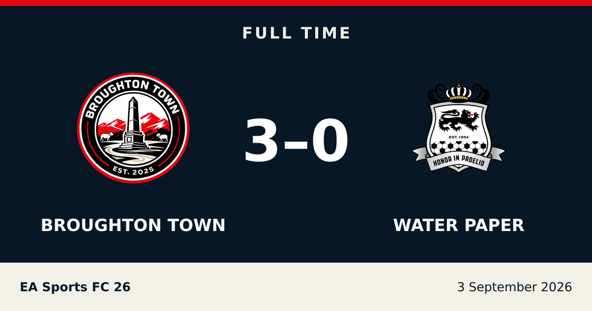 Full-time result: Broughton Town 3, Water Paper 0