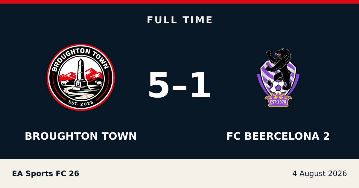 Full-time result: Broughton Town 5, Fc Beercelona 2 1