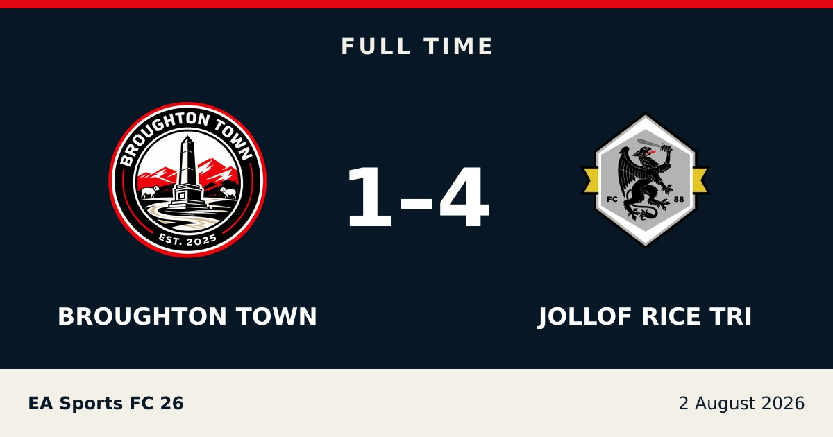 Full-time result: Broughton Town 1, Jollof Rice Tri 4