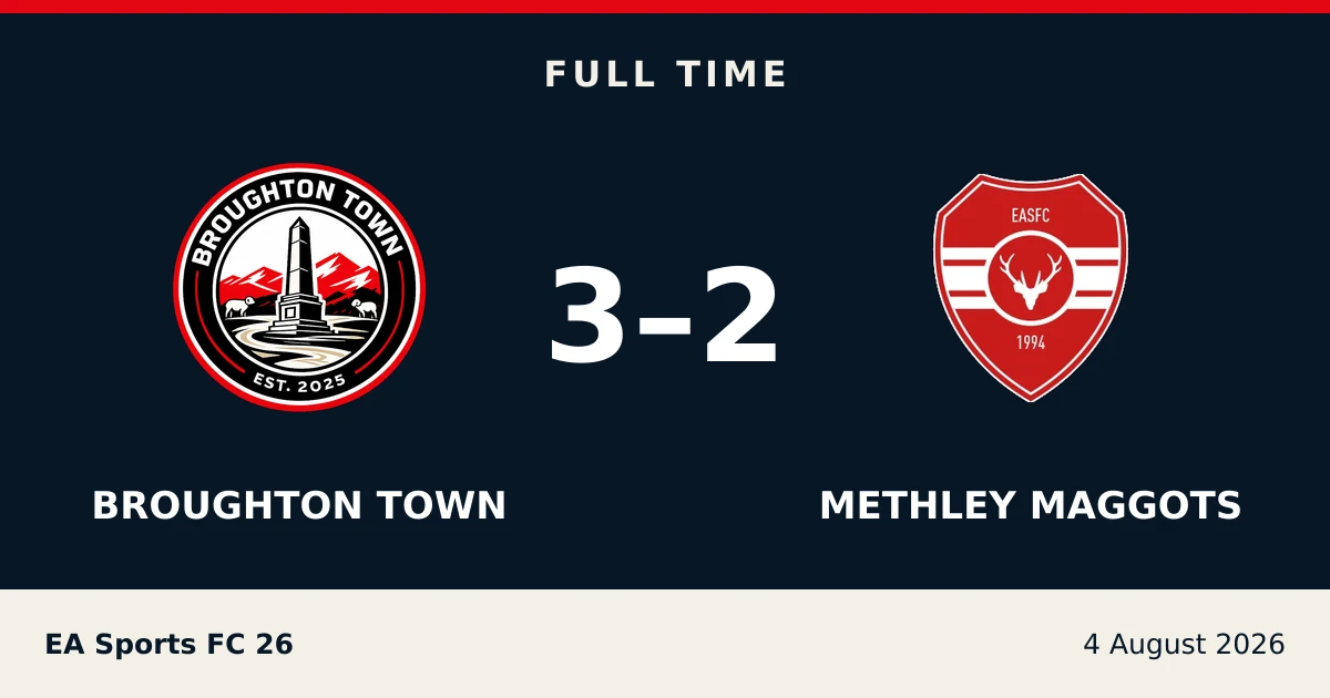 Full-time result: Broughton Town 3, methley maggots 2
