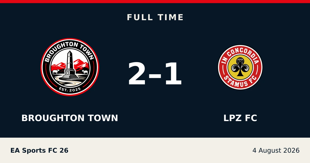 Full-time result: Broughton Town 2, LPZ FC 1