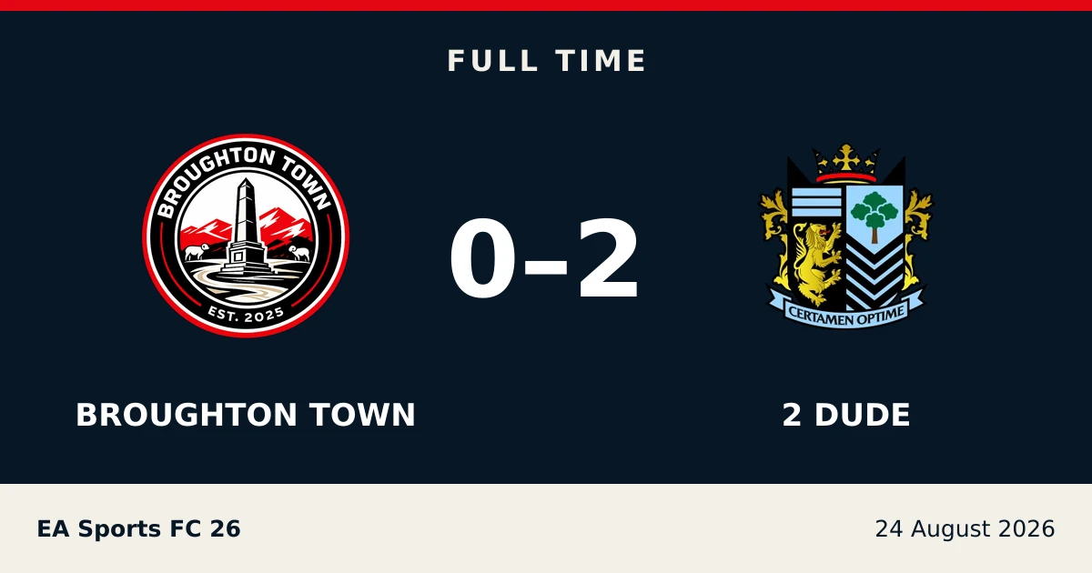 Full-time result: Broughton Town 0, 2 dude 2